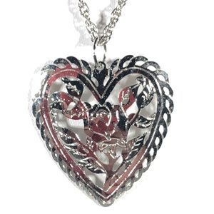 NECKLACE - SILVER-TONE HEART with ROSE & LEAVES